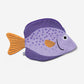 Purple fish-shaped pouch with orange fins on a white background