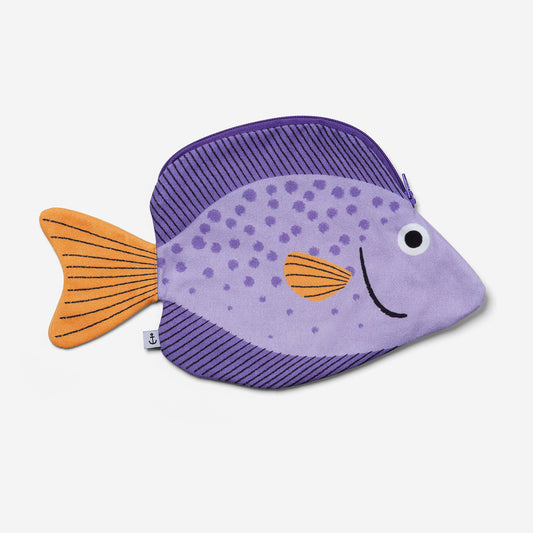Purple fish-shaped pouch with orange fins on a white background