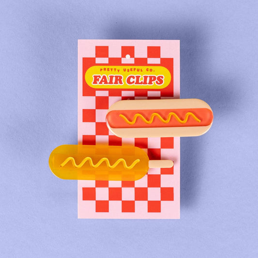 Set of hair clips -- one hot dog and one corn dog 