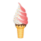 Ice cream cone with pink and white swirls and colorful sprinkles on a white background