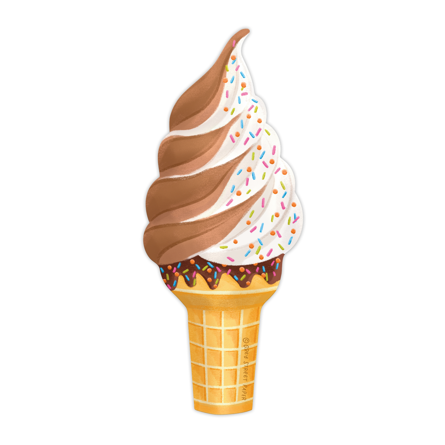 Ice cream cone with chocolate and vanilla swirls and colorful sprinkles on a white background