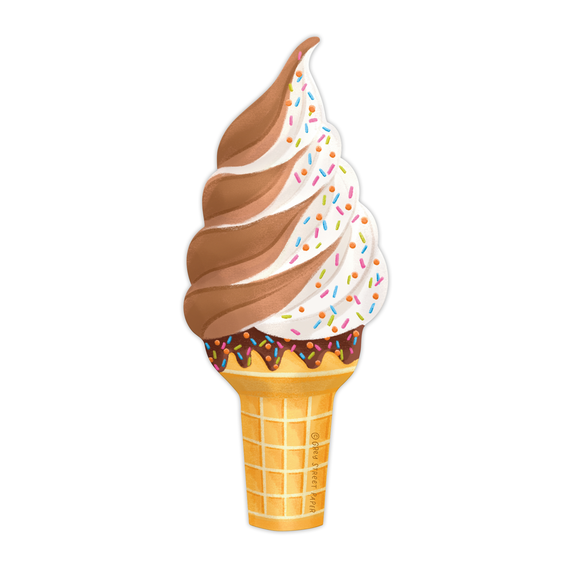 Ice cream cone with chocolate and vanilla swirls and colorful sprinkles on a white background