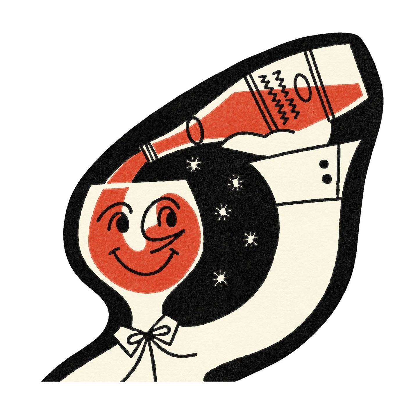 Illustration of a person with wine glass for a head pouring a bottle on top, featuring a smiling face.