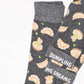 dark grey socks with dumpling pattern all over it 