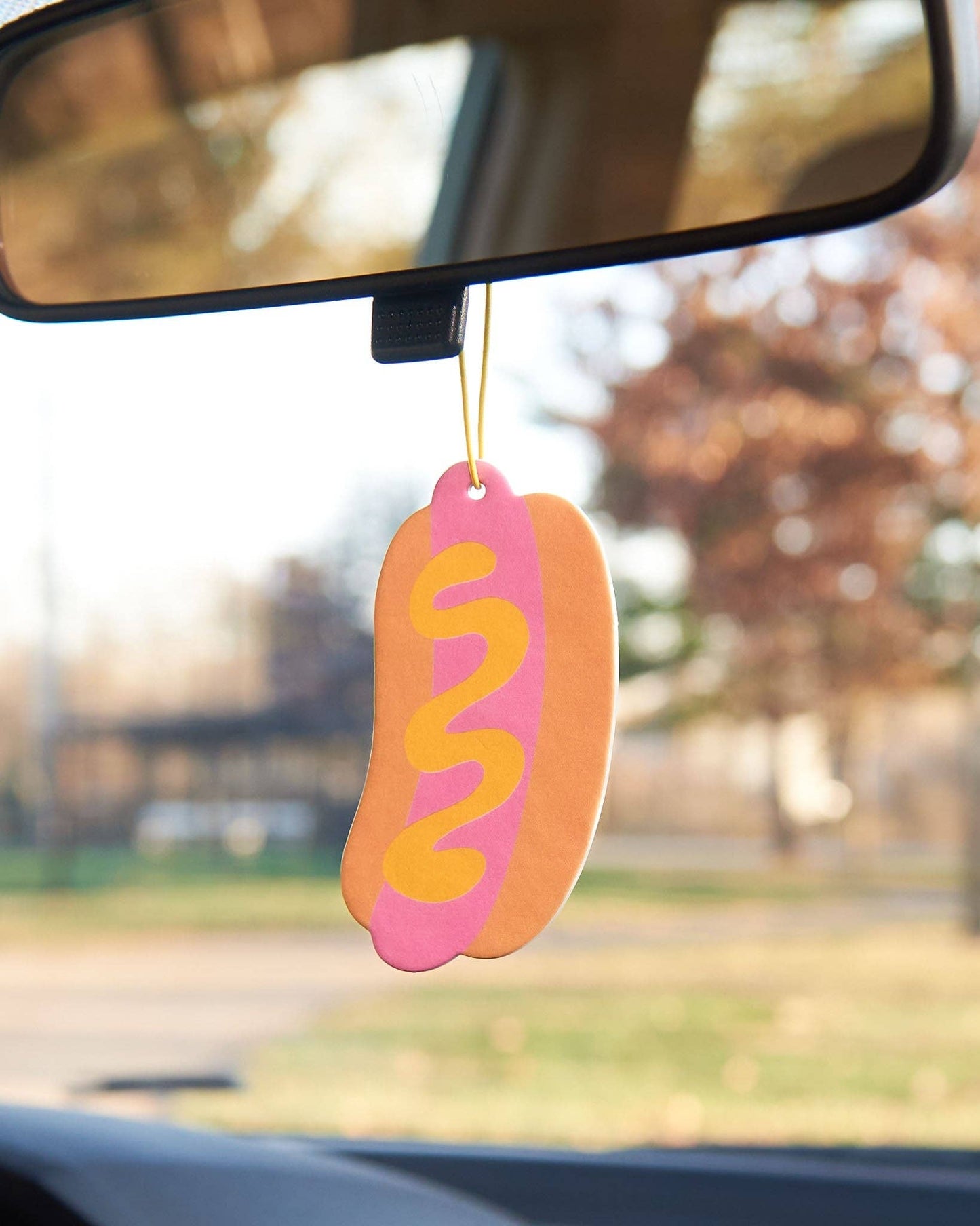 Hot dog shaped air freshener hanging from rear view mirror 
