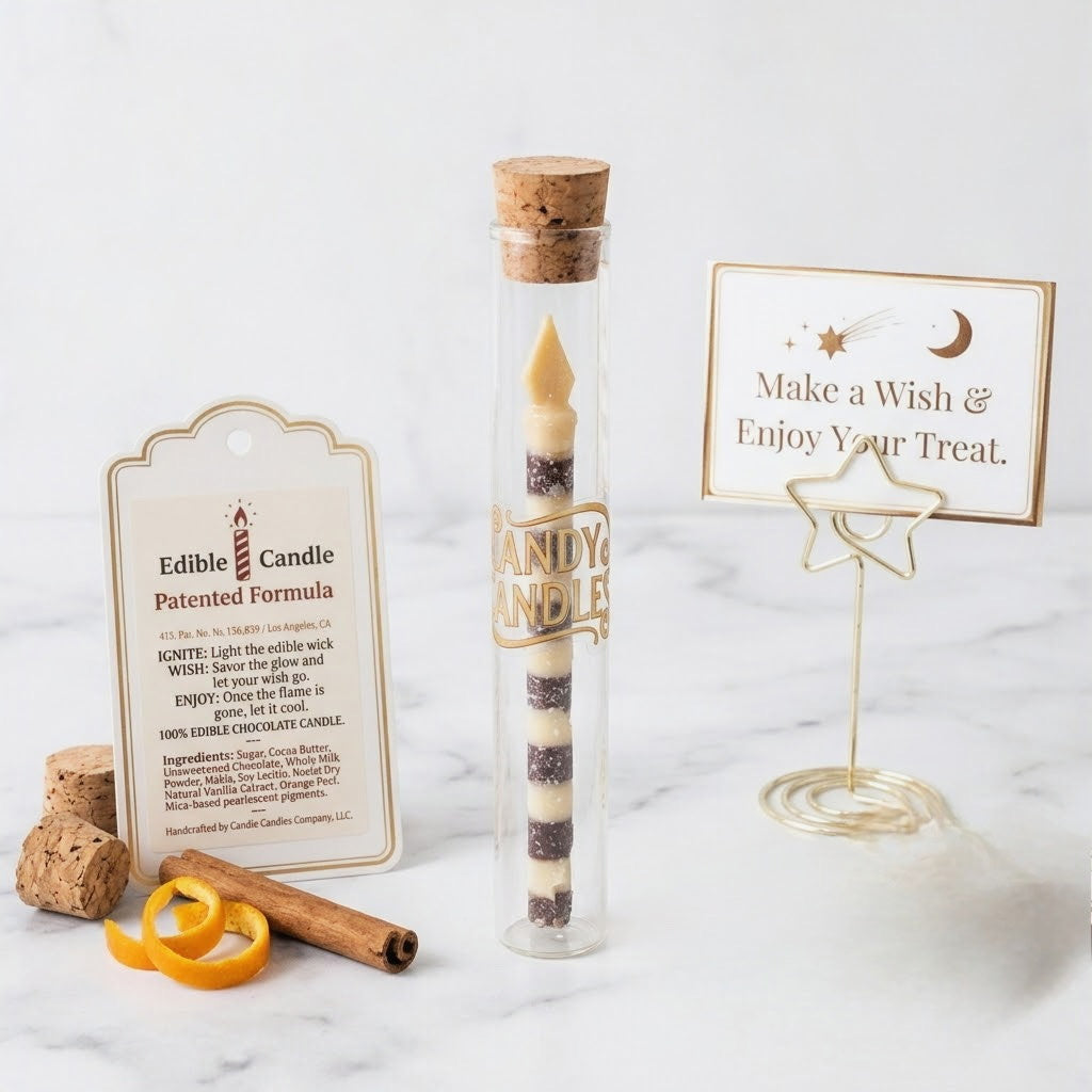 A glass tube wand candle with a cork stopper and gold lettering stands on a marble surface beside printed cards and small props. The product is a clear glass tube containing a striped candle, with a cork stopper and a gold label reading 'CANDY CANDLE.