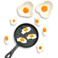 Black frying pan with ceramic egg dishes around it on a white background