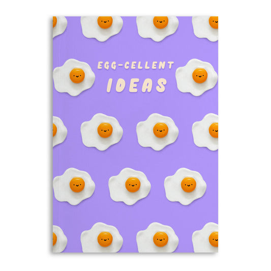 periwinkle notebook with smiley faced sunny side up eggs on it. Upper center text reads "Egg-cellent Ideas" 