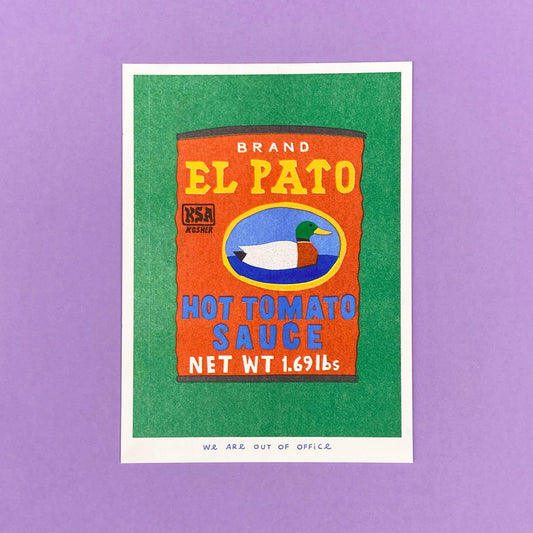 Vintage-style illustration of El Pato hot tomato sauce can on a green background