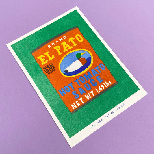 Riso print of illustration of El Pato hot tomato sauce label on a purple background