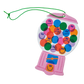 Pink gumball machine-shaped toy with sad and smiley faces on a white background