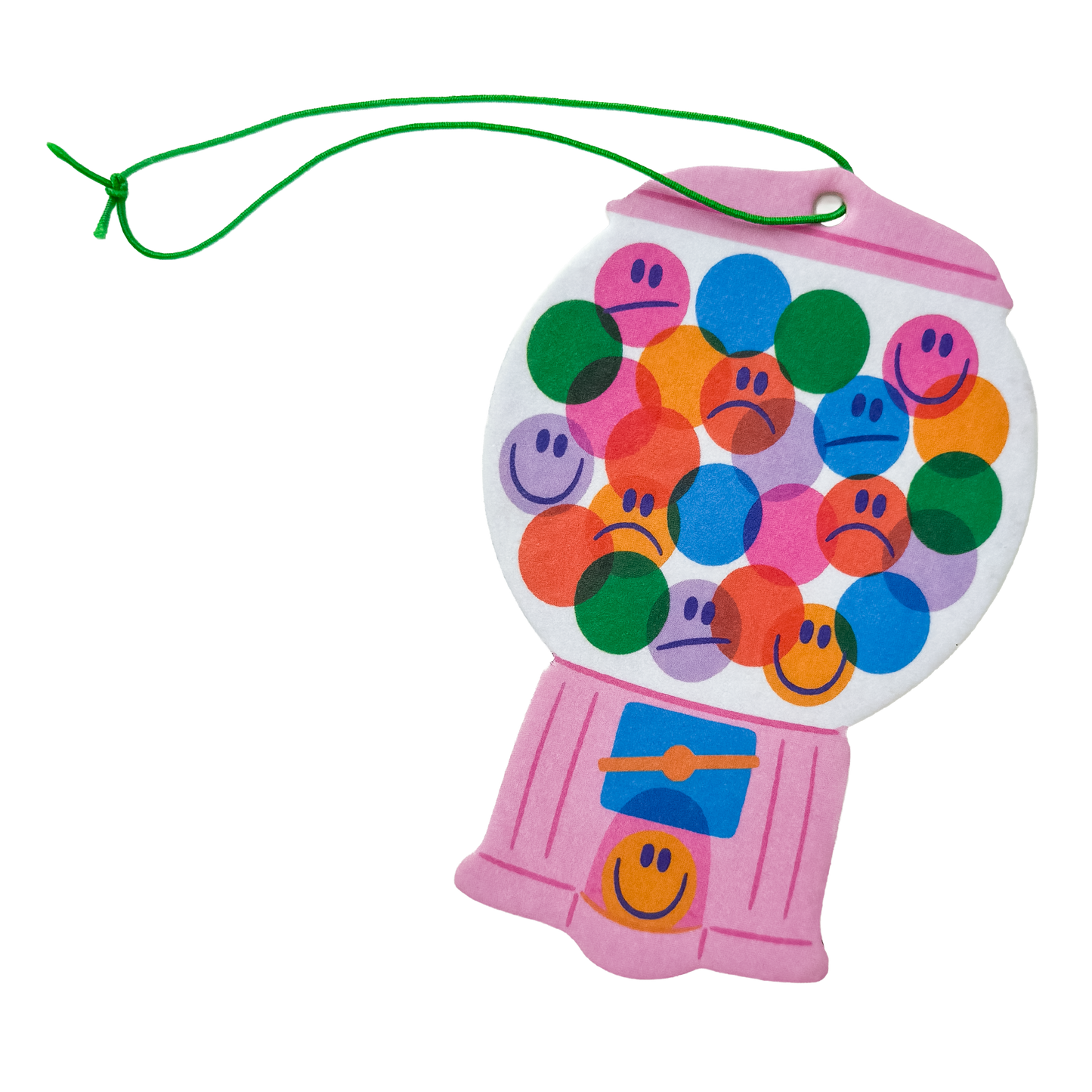 Pink gumball machine-shaped toy with sad and smiley faces on a white background