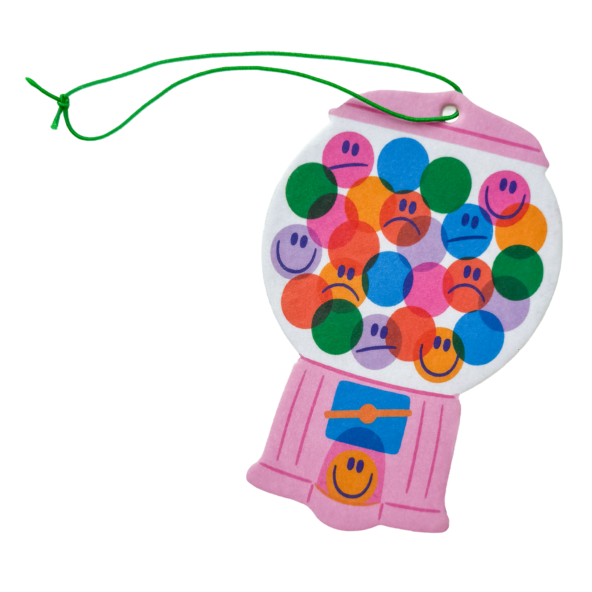 Pink gumball machine-shaped toy with sad and smiley faces on a white background