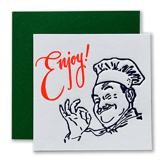 mini note/greeting card with image of a chef and text that says "enjoy!" 