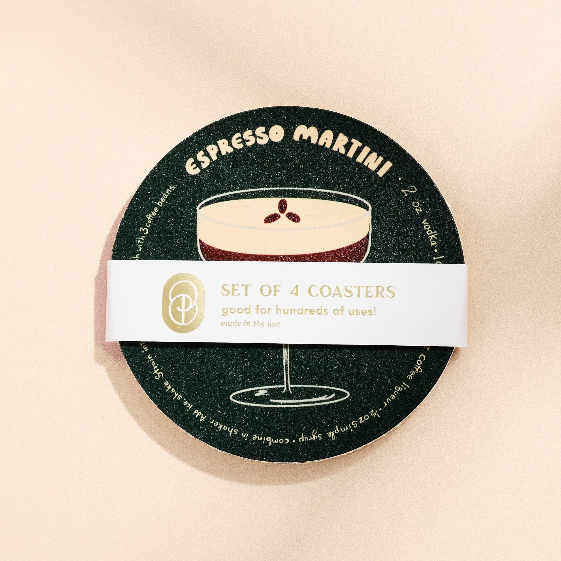 Pack of 4 Espresso Martini coasters with a glass illustration on a beige background