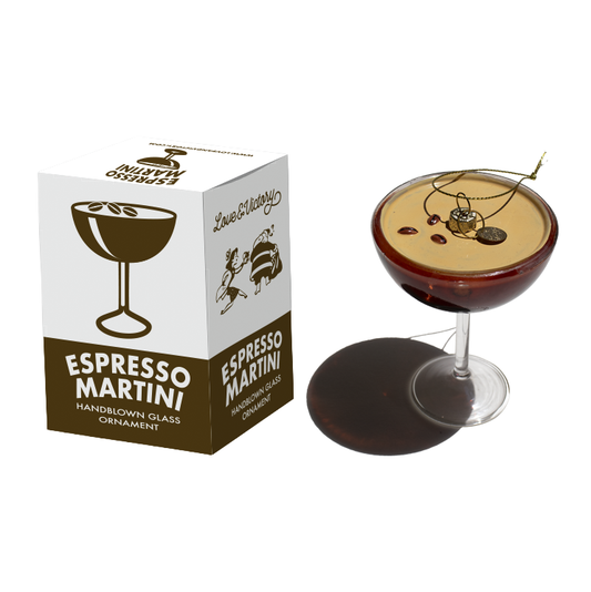 Espresso Martini glass ornament with packaging on a white background