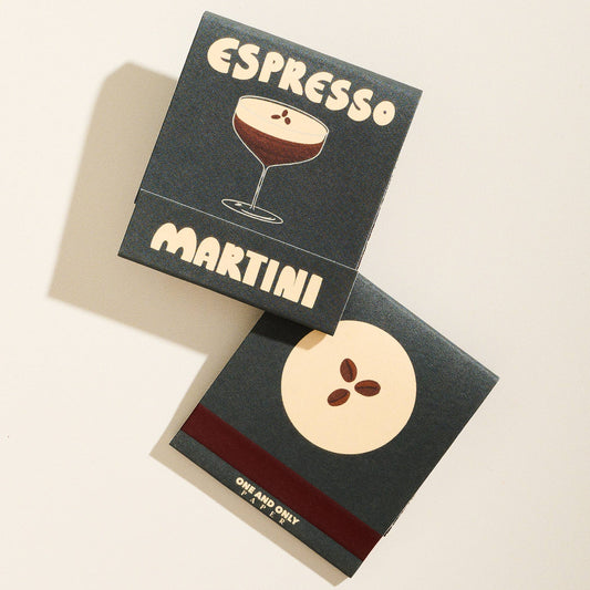 Two matchbooks labeled 'Espresso Martini' on a beige background