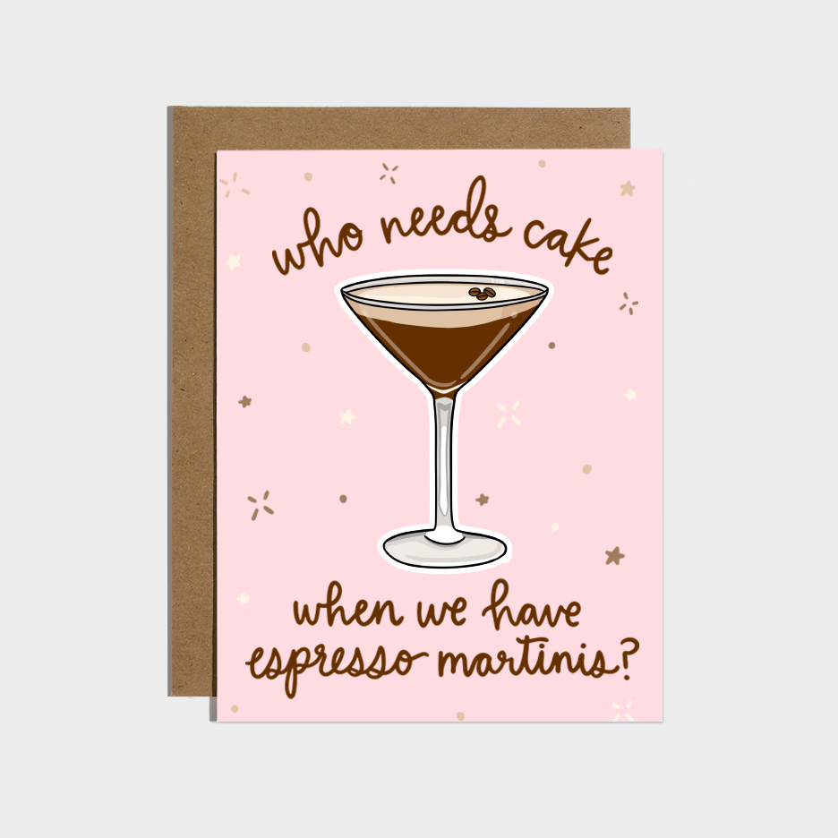 Card with espresso martini illustration and text on a pink background