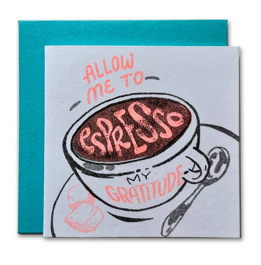 Card with espresso cup illustration and text on a blue envelope
