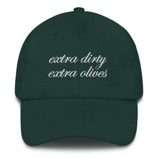 Green cap with 'extra dirty extra olives' text on a white background