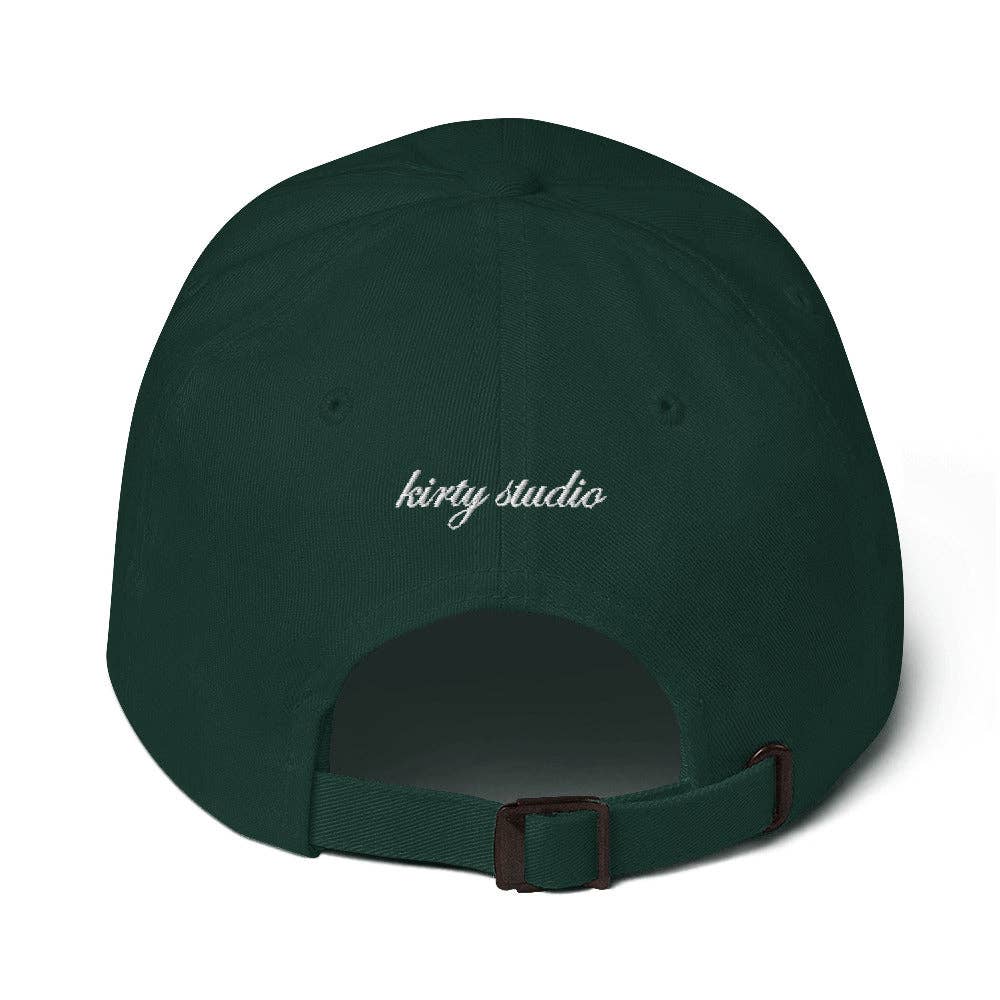 Green cap with 'kirty studio' embroidered on the back against a white background
