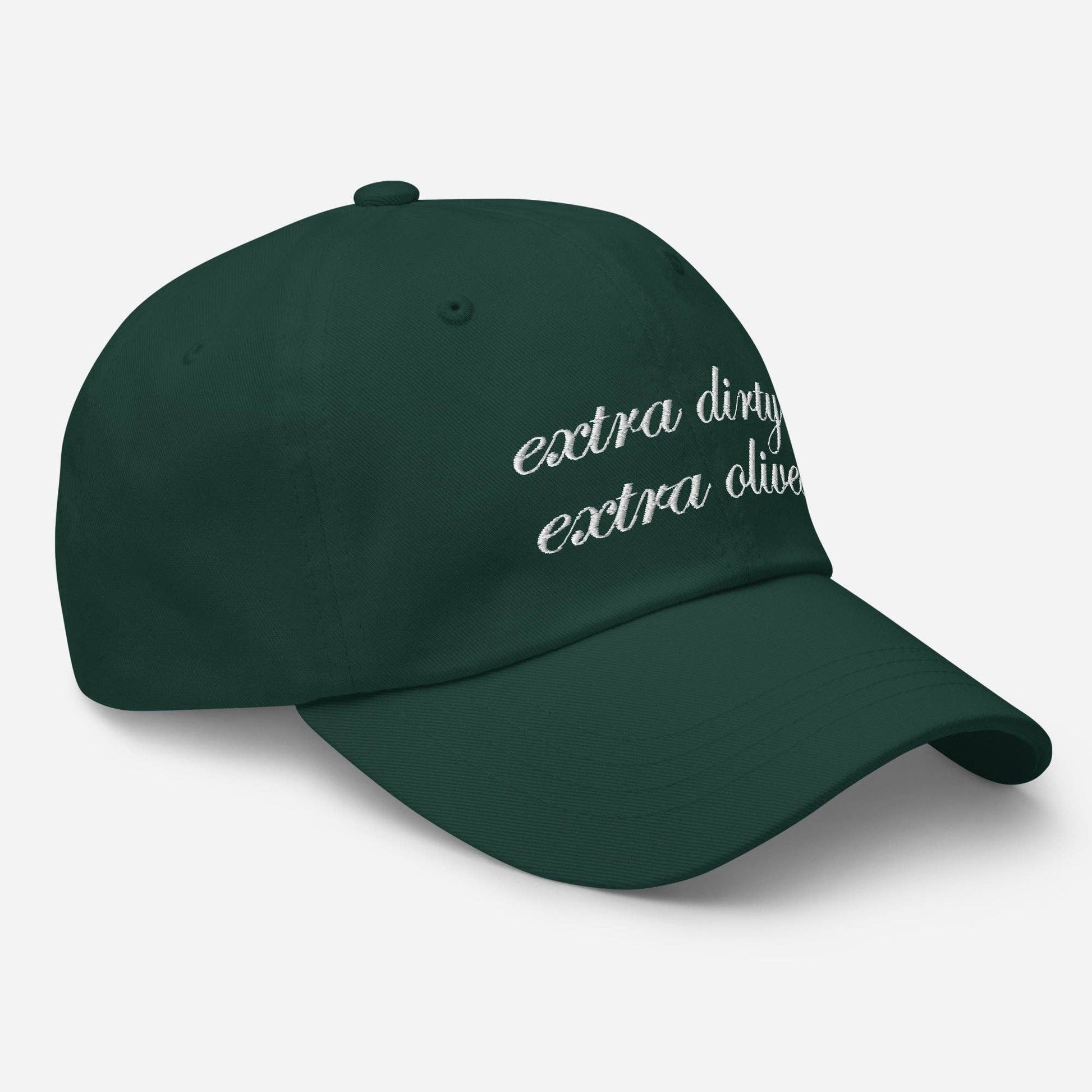 Green cap with 'extra dirty extra olives' text on a light gray background