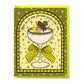 Greeting card with a dirty martini cocktail illustration and birthday wishes text on a yellow and green background.