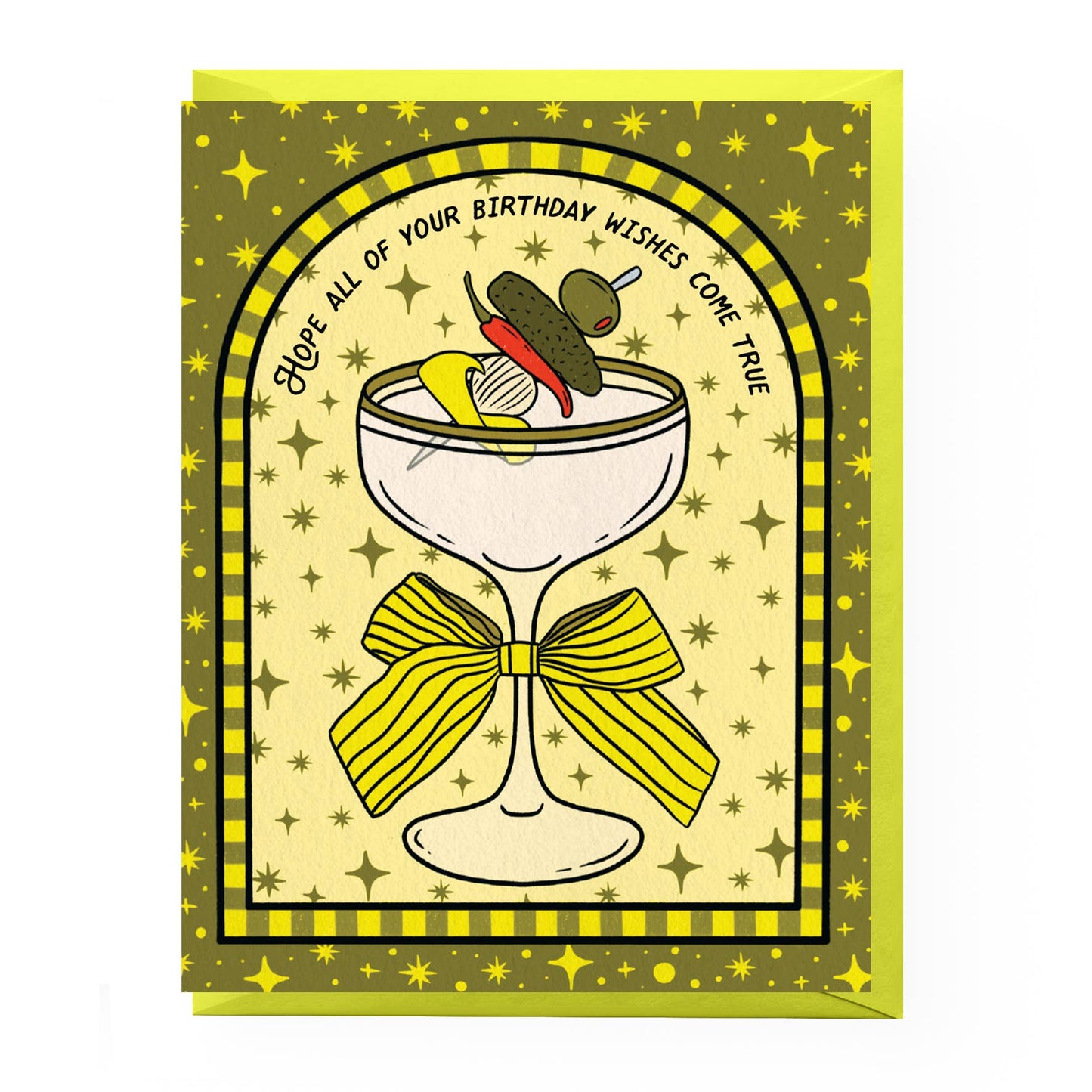 Greeting card with a dirty martini cocktail illustration and birthday wishes text on a yellow and green background.