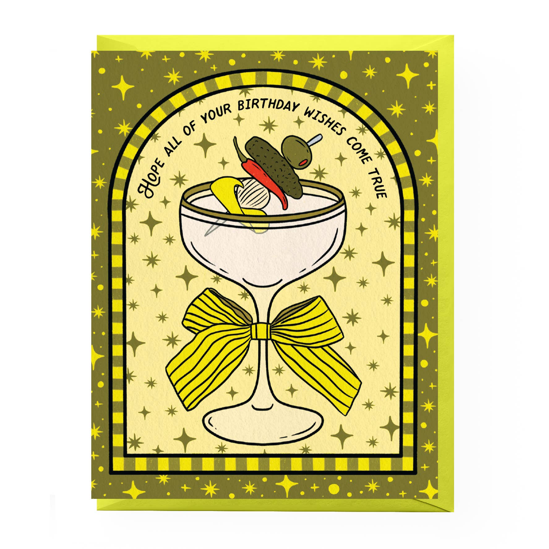 Greeting card with a dirty martini cocktail illustration and birthday wishes text on a yellow and green background.
