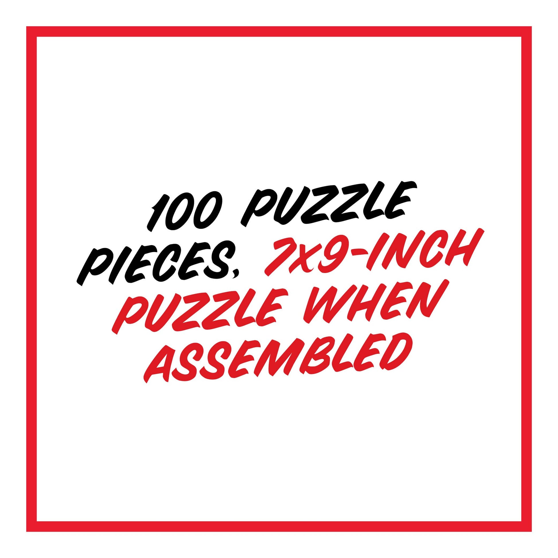 Text describing a puzzle with 100 pieces and dimensions on a white background with a red border.