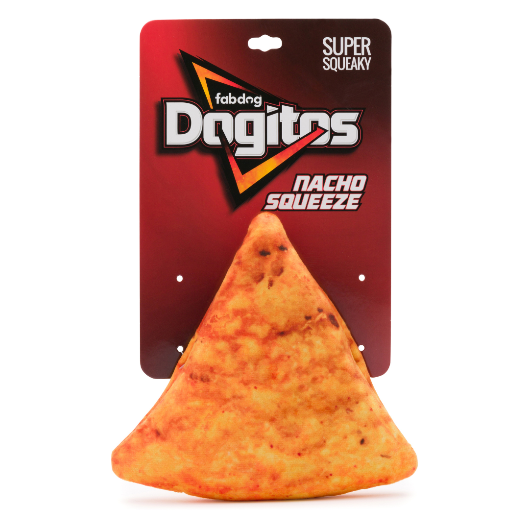 dog toy that looks like a doritos nacho chip but whose text reads "dogitos nacho squeeze" 