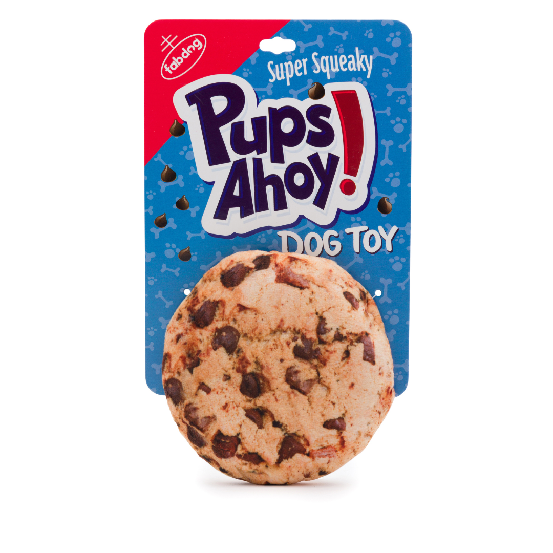 "pups ahoy" dog toy with card backing packaging -- chocolate chip cookie dog toy, resembling a chips ahoy cookie. 