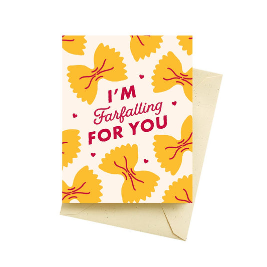 Greeting card with yellow bowtie pasta design and 'I'm Farfalling For You' text on a white background