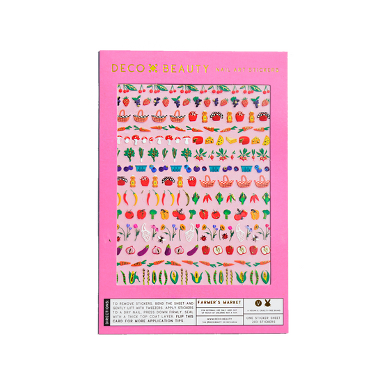 Sheet of Deco Beauty nail art stickers with colorful farmer's market themed illustrations on a pink background