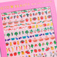 Sheet of colorful stickers with various  farmers market themed designs on a pink background