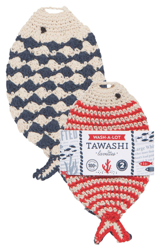 Two crocheted washcloths withfish designs on a white background