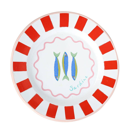 Round plate with red and white striped border and fish illustration in the center.