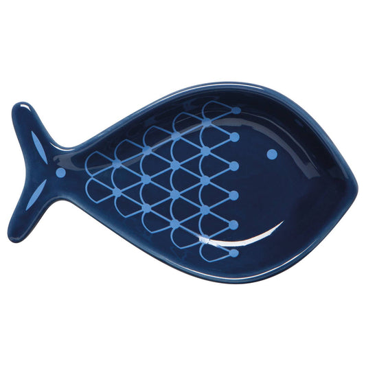 Blue fish-shaped plate on a white background