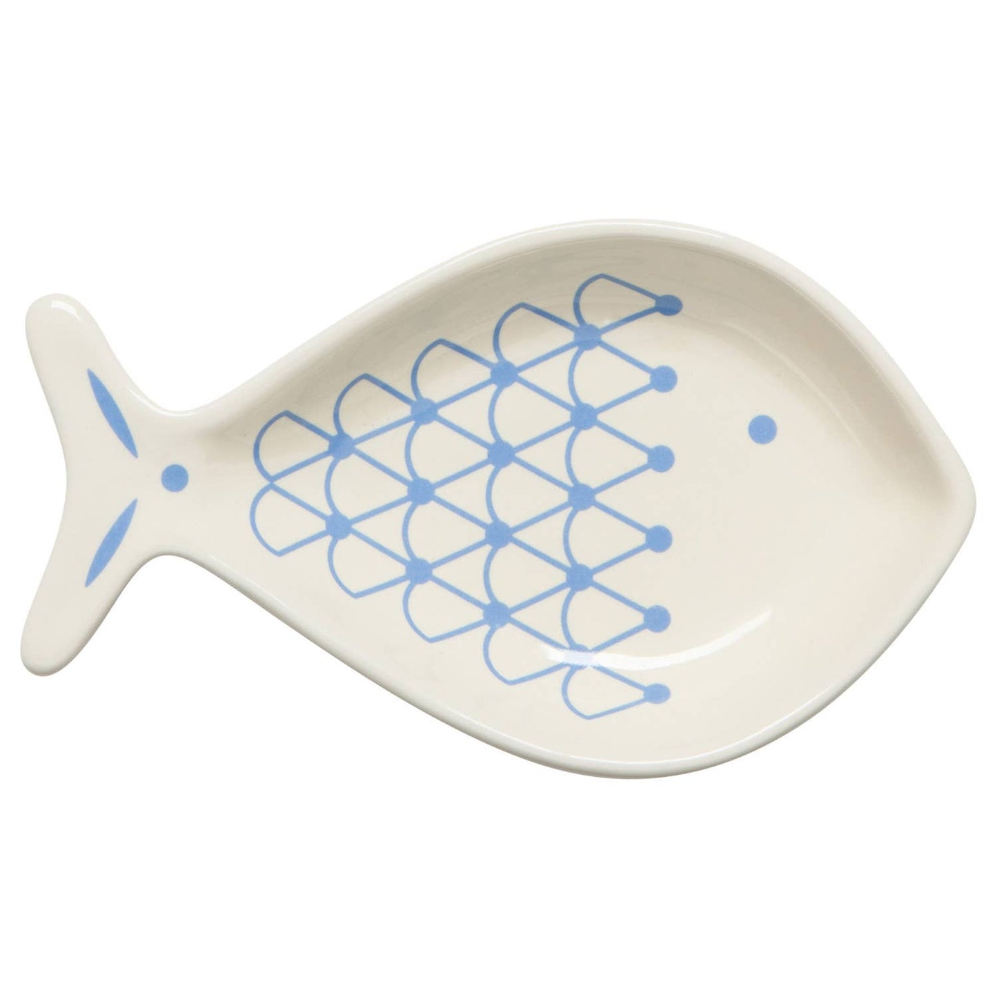 Fish-shaped plate with blue geometric pattern on a white background