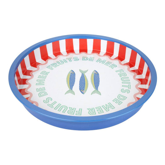 Round dish with red, blue and white striped rim and 'Fruits de Mer' text and fish illustrations.