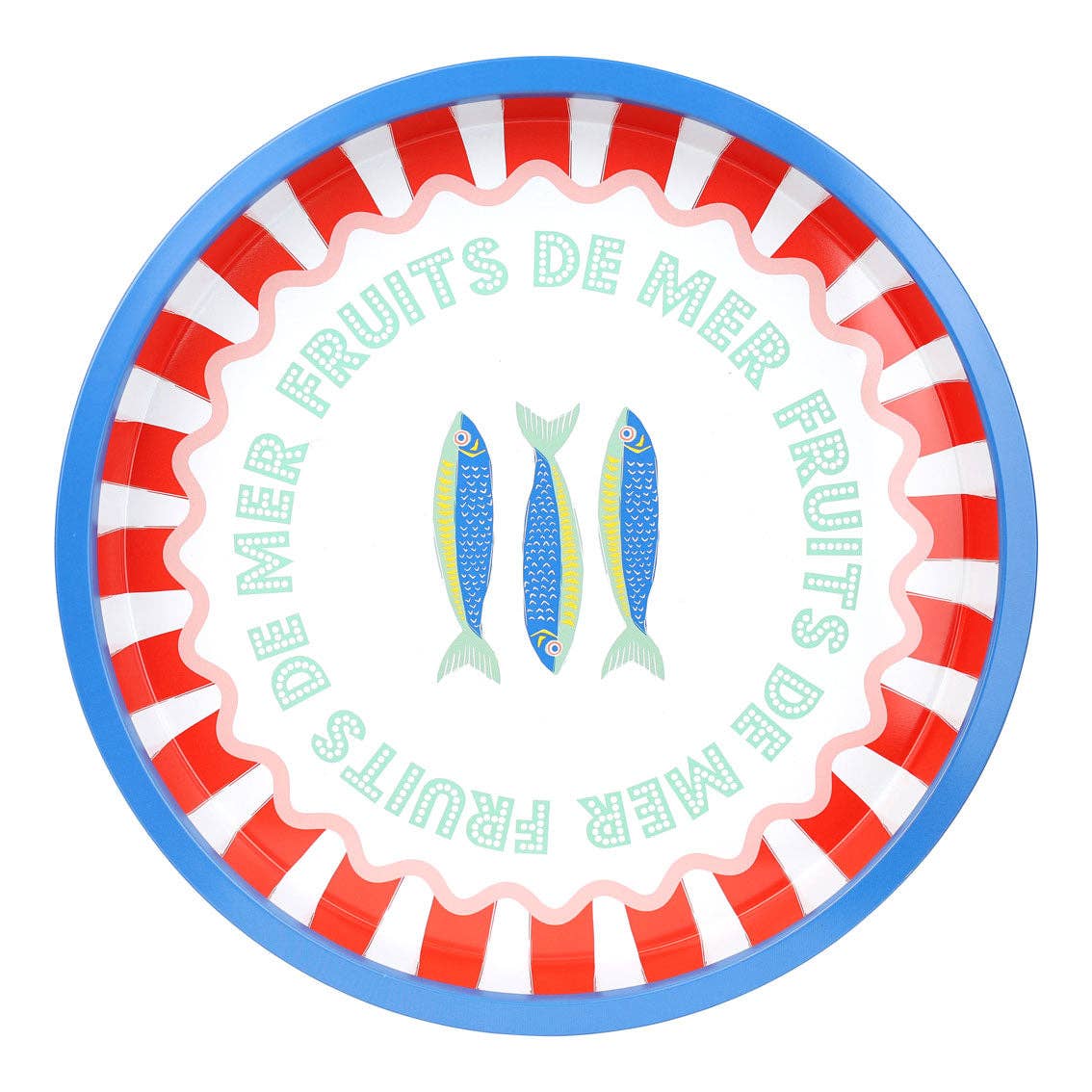 Round plate with red, blue and white striped border, blue fish illustration, and 'Fruits de Mer' text.