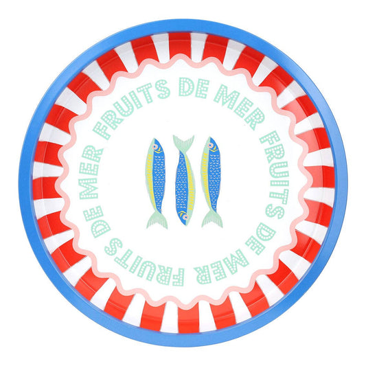 Round plate with red, blue and white striped border, blue fish illustration, and 'Fruits de Mer' text.