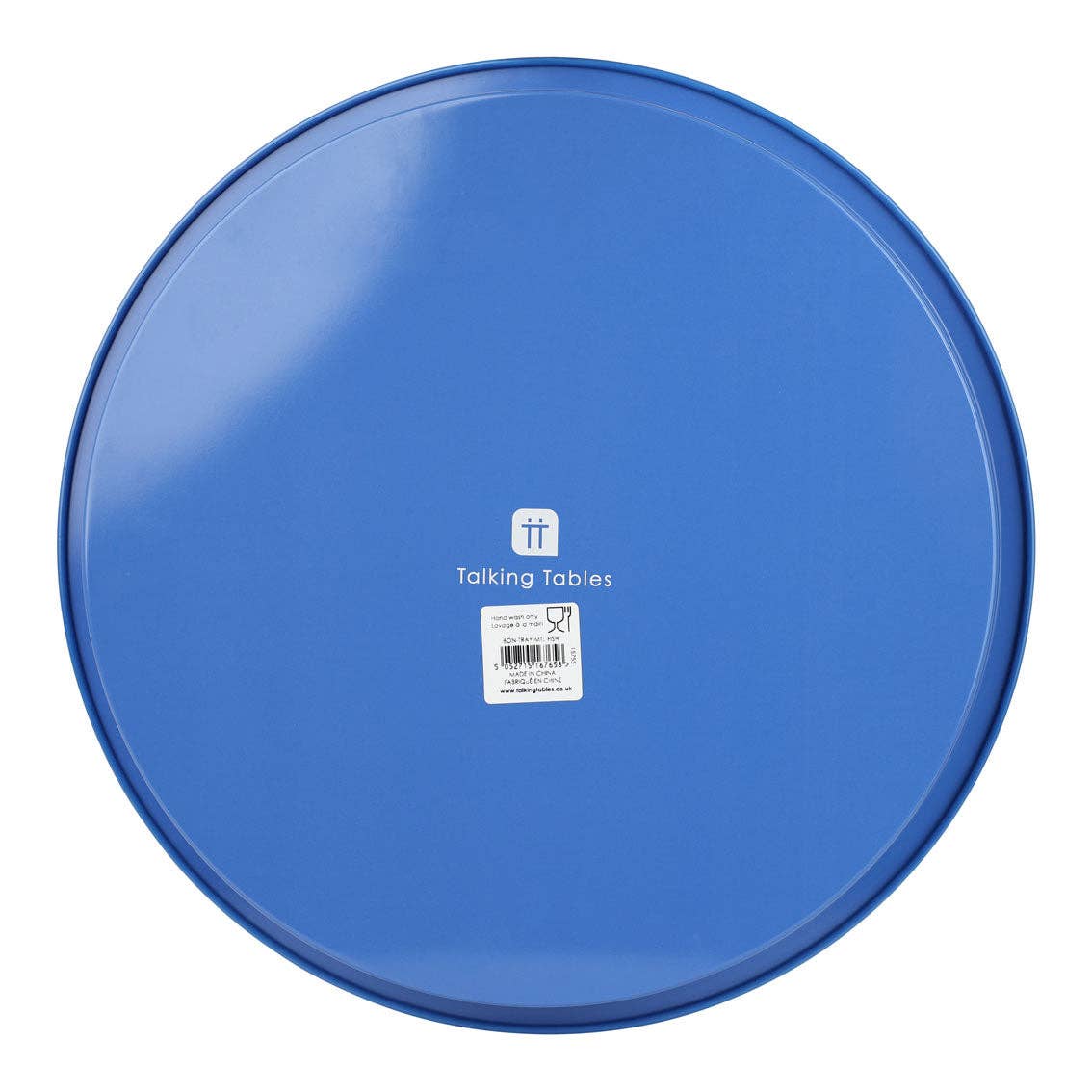 blue bottom of fish tin tray with 'Talking Tables' label on a white background