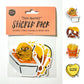 Sticker pack with food-themed stickers including chicken nugget, fries, pretzel and buttered noodles on a white background.