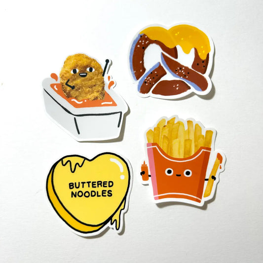 Set of four cartoon-style food stickers on a white background