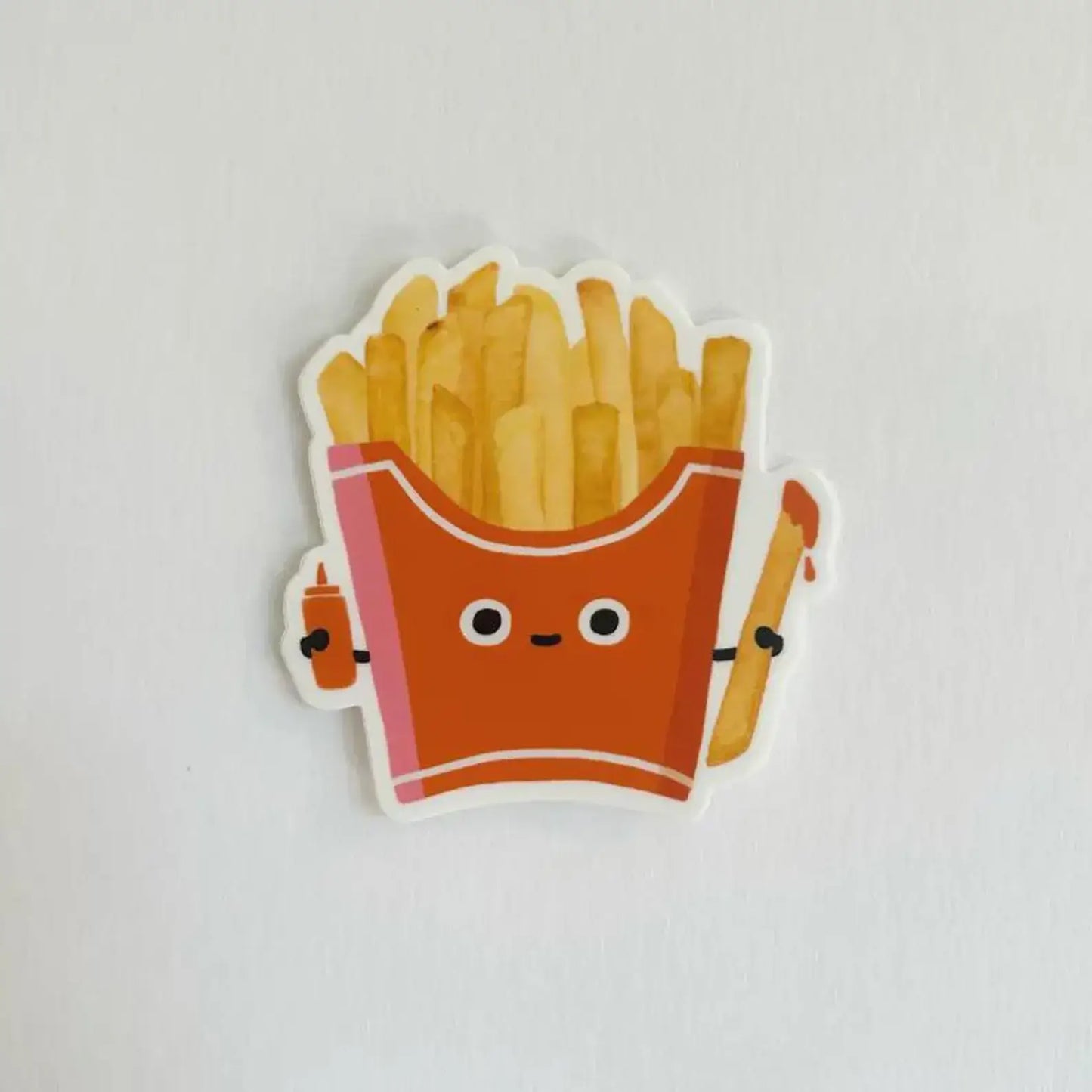 Cartoon-style French fry container with a face on a light gray background