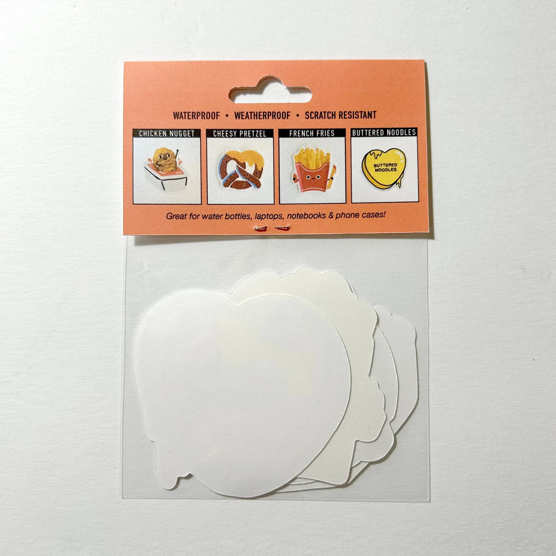 Packaging of the back of stickers with illustrations on an orange background