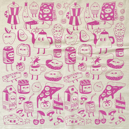 tea towel with various foods/snacks/drinks printed with magenta ink