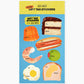 Pack of gift tag stickers with food-themed designs (cake, hot dog, shrimp, olive, egg, toast, jello) on a blue background
