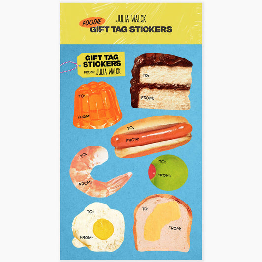 Pack of gift tag stickers with food-themed designs (cake, hot dog, shrimp, olive, egg, toast, jello) on a blue background